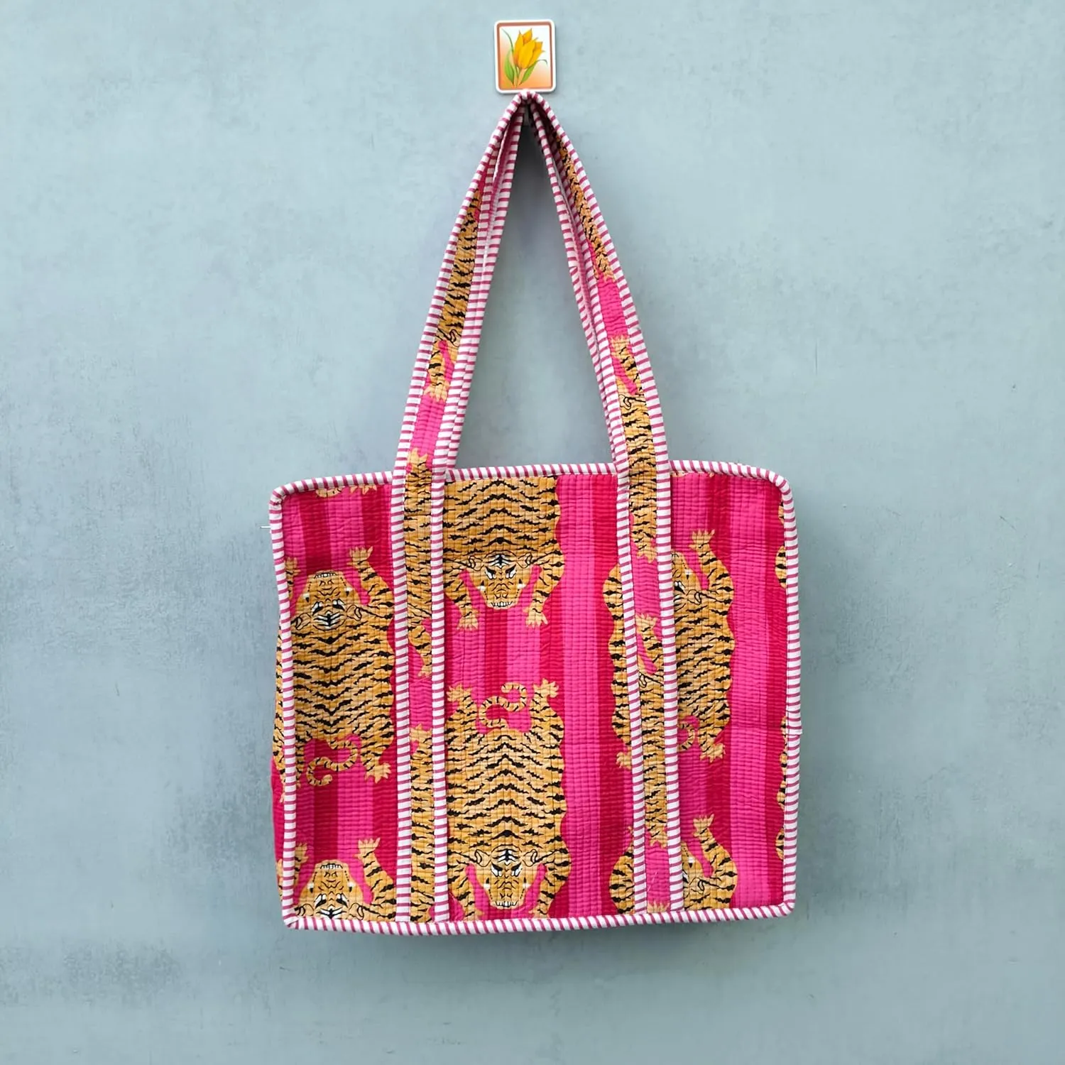 Handblock Travel Bag, Cotton Tote Bag For Shopping Grocery & Beach, Zipper Close, Handmade Indian Shopping Shoulder Bag