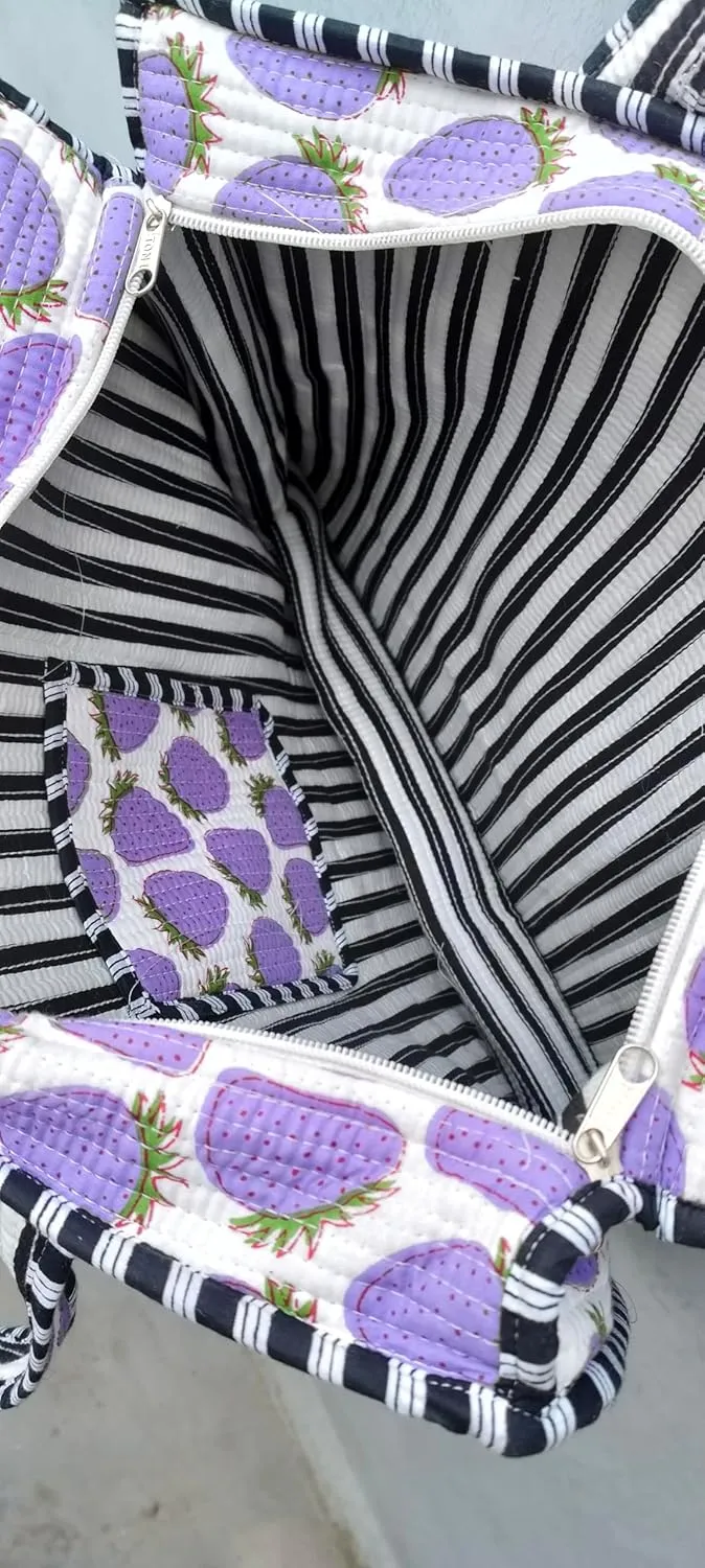 Handblock Travel Bag, Cotton Tote Bag For Shopping Grocery & Beach, Zipper Close, Handmade Indian Shopping Shoulder Bag