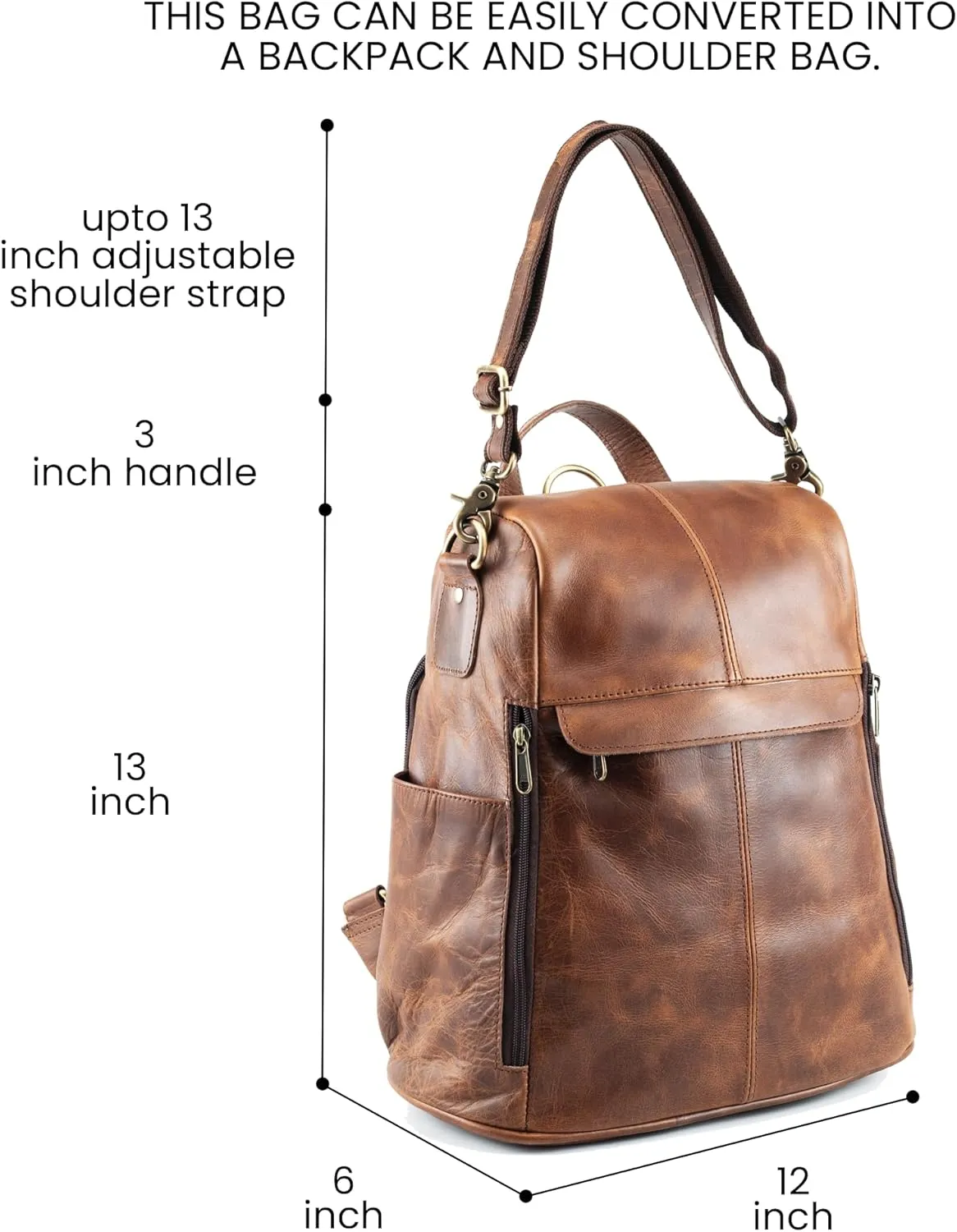 Handmade World Women Leather Backpack Convertible to Purse 'The Honeycomb' Shoulder Bag Travel Versatile Rucksack Daypack (Brown)