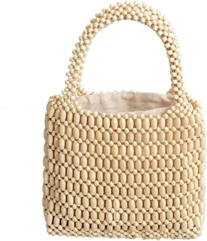 Handmade Woven Bucket Drawstring Handbag Bohe Clutch Summer Beach Wooden Bead Retro Handwoven Tote for Women