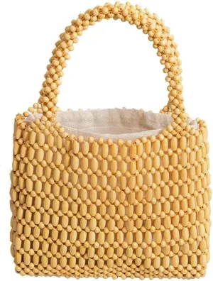 Handmade Woven Bucket Drawstring Handbag Bohe Clutch Summer Beach Wooden Bead Retro Handwoven Tote for Women