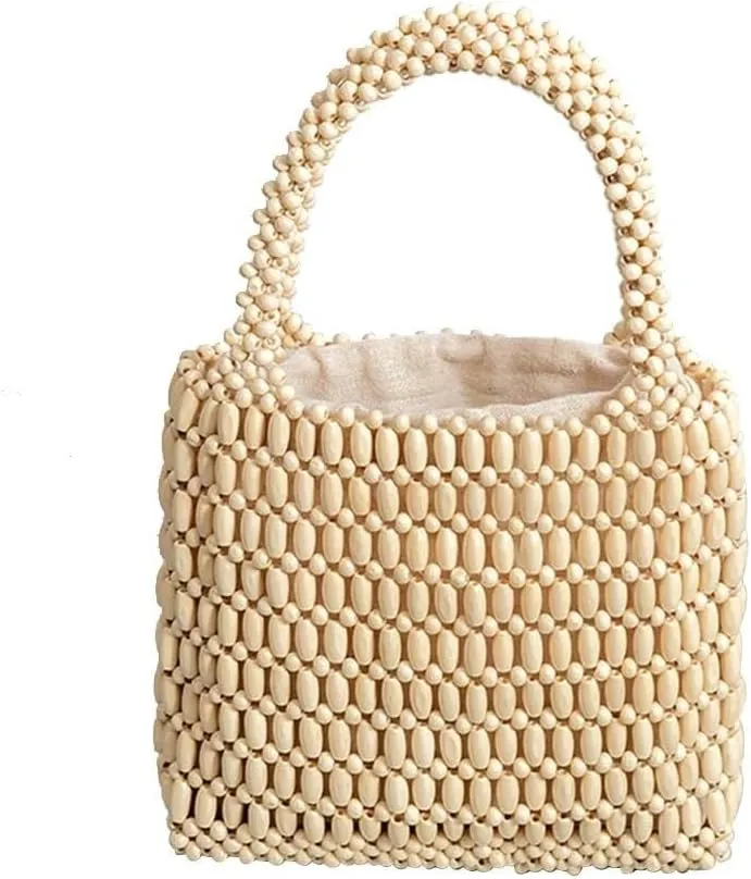 Handmade Woven Bucket Drawstring Handbag Bohe Clutch Summer Beach Wooden Bead Retro Handwoven Tote for Women