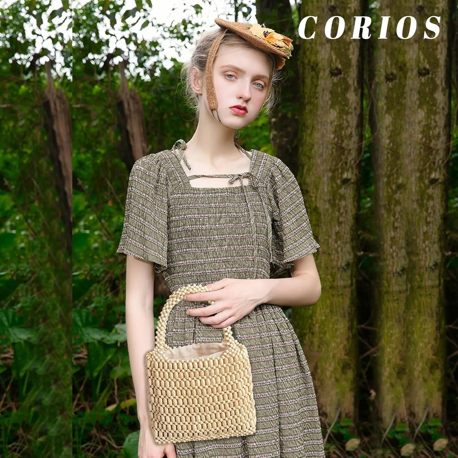 Handmade Woven Bucket Drawstring Handbag Bohe Clutch Summer Beach Wooden Bead Retro Handwoven Tote for Women