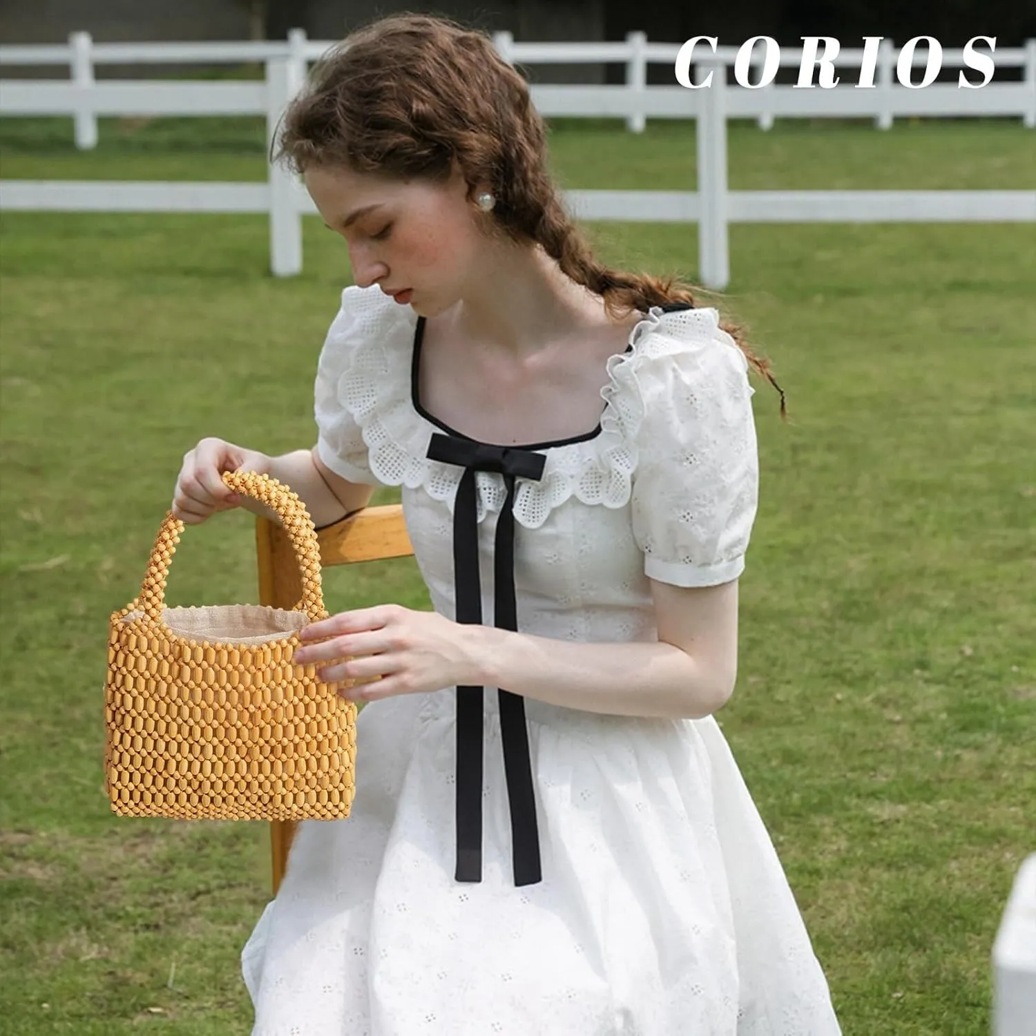 Handmade Woven Bucket Drawstring Handbag Bohe Clutch Summer Beach Wooden Bead Retro Handwoven Tote for Women