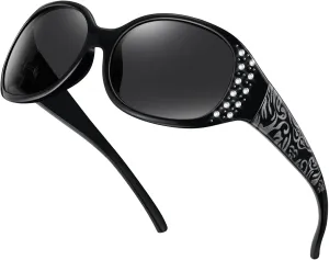 HAOLOTA Polarized Sunglasses for Women, Rhinestone Wrap Around Sunglasses with UV400 Protection