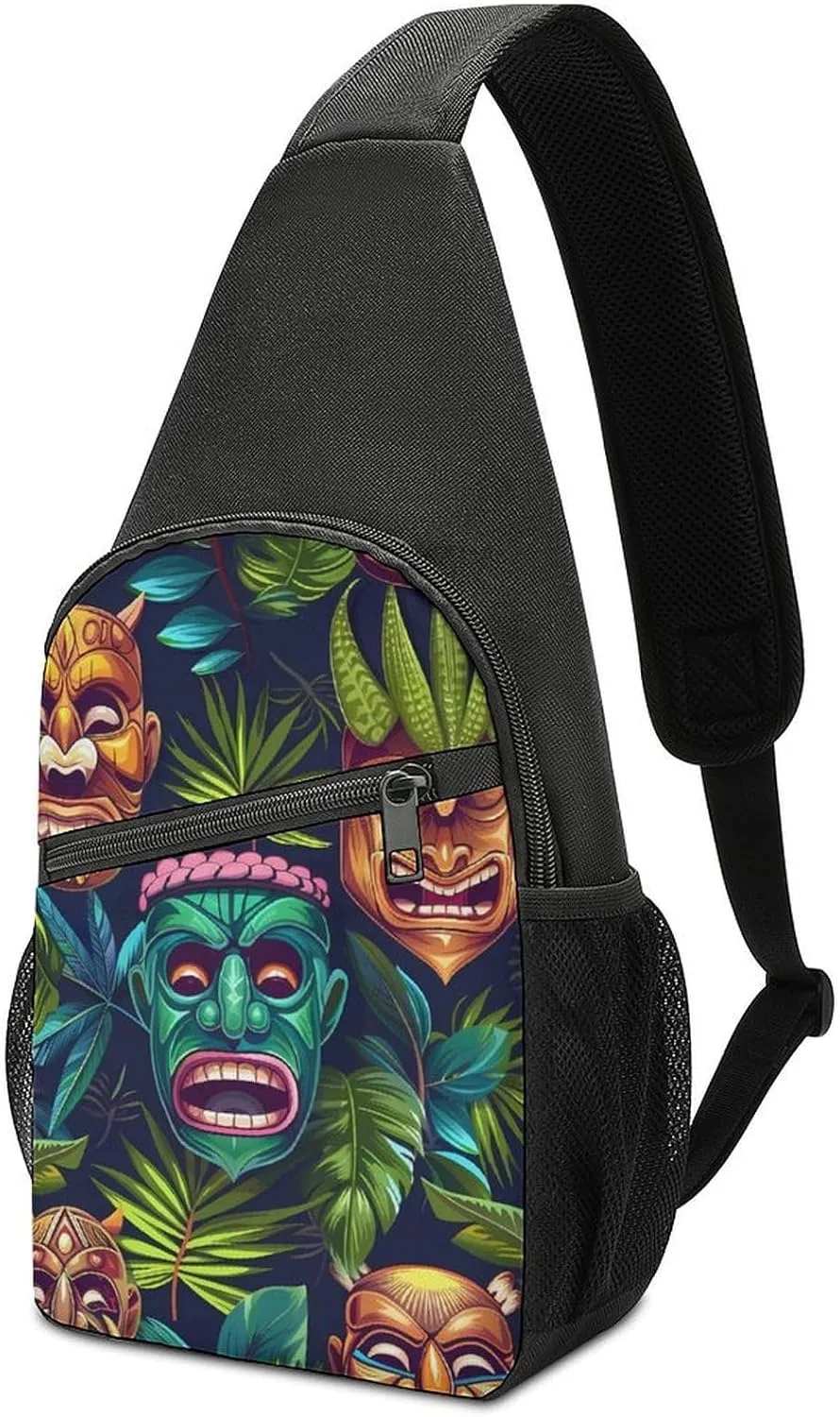 Hawaiian Tiki Masks Tropical Crossbody Sling Bags Chest Shoulder Backpack DayPack Handbag