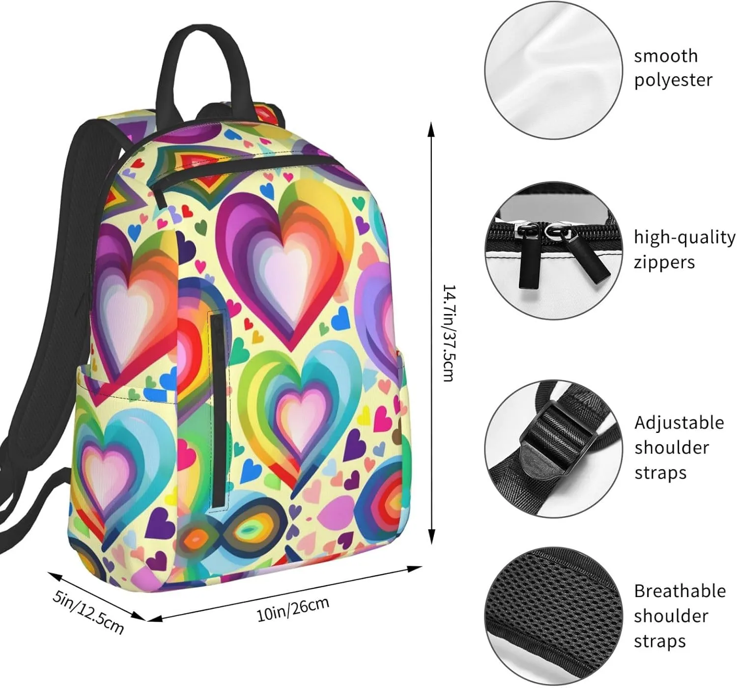 Hearts In Rainbow Colors Print Lightweight Backpack, Travel Bookbag College Bag,Laptop Backpack For Men Women