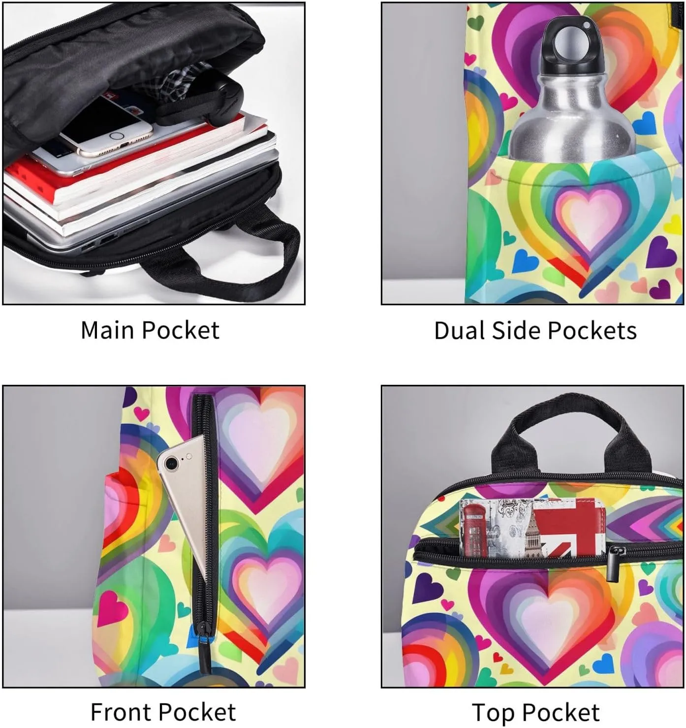 Hearts In Rainbow Colors Print Lightweight Backpack, Travel Bookbag College Bag,Laptop Backpack For Men Women