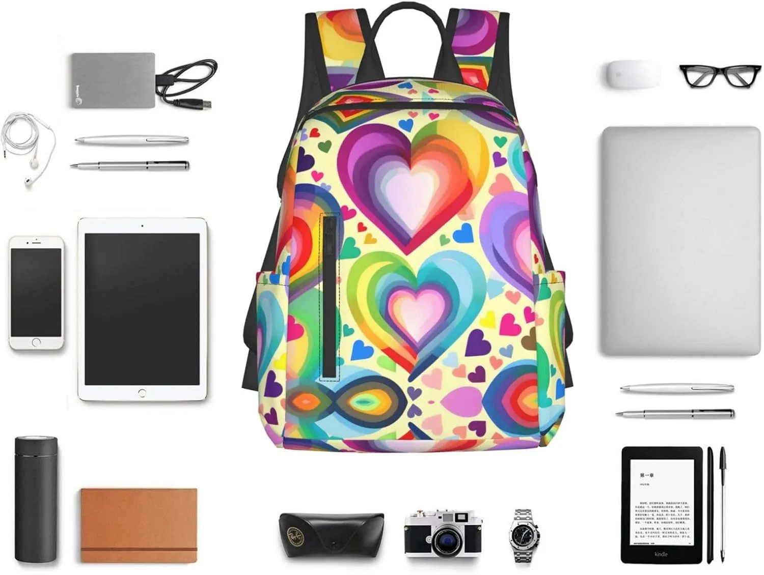Hearts In Rainbow Colors Print Lightweight Backpack, Travel Bookbag College Bag,Laptop Backpack For Men Women