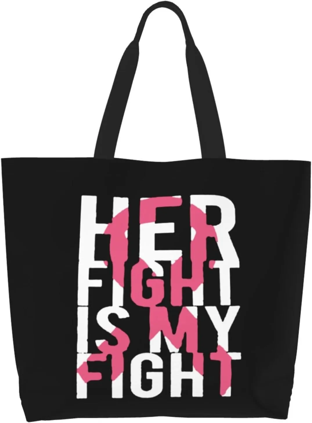 Her Fight is My Fight Breast Cancer Awareness Canvas Tote Bags for Women, Ladies Shoulder Handbags Large Purse Lightweight Foldable Reusable Shopping Bag with Pockets for Work, Travel, 15.7x19.7in