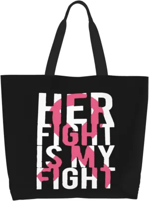Her Fight is My Fight Breast Cancer Awareness Canvas Tote Bags for Women, Ladies Shoulder Handbags Large Purse Lightweight Foldable Reusable Shopping Bag with Pockets for Work, Travel, 15.7x19.7in