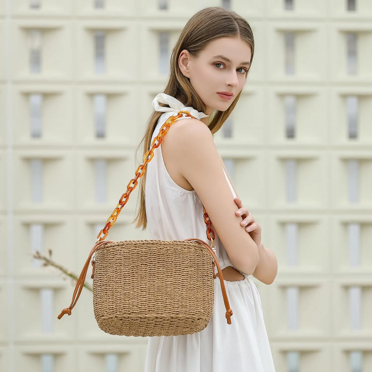 Herald Handmade Straw Crossbody Bag for Women, Chic Woven Drawstring Bucket Handbag Shoulder Purse with Chain & Guitar Strap