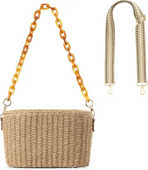 Herald Handmade Straw Crossbody Bag for Women, Chic Woven Drawstring Bucket Handbag Shoulder Purse with Chain & Guitar Strap