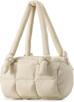 Herald Puffer Quilted Shoulder Bag for Women, Small Cute Nylon Puffy Boston Barrel Bag Tote Handbag Satchel Purse