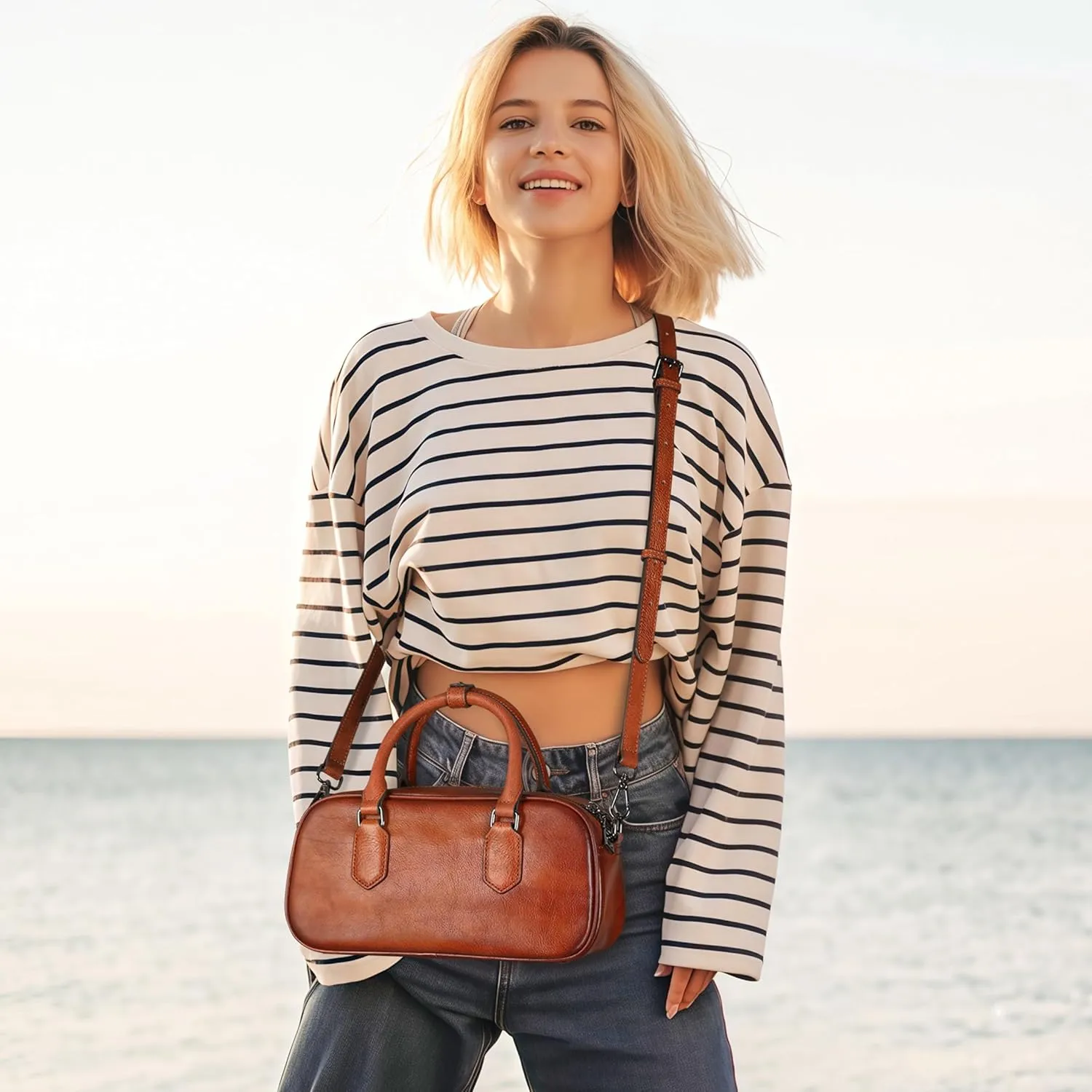 HESHE Leather Shoulder Bags for Women Satchel Handbags Zipper Crossbody Purse Top Handle Barrel Purse with Adjustable Strap
