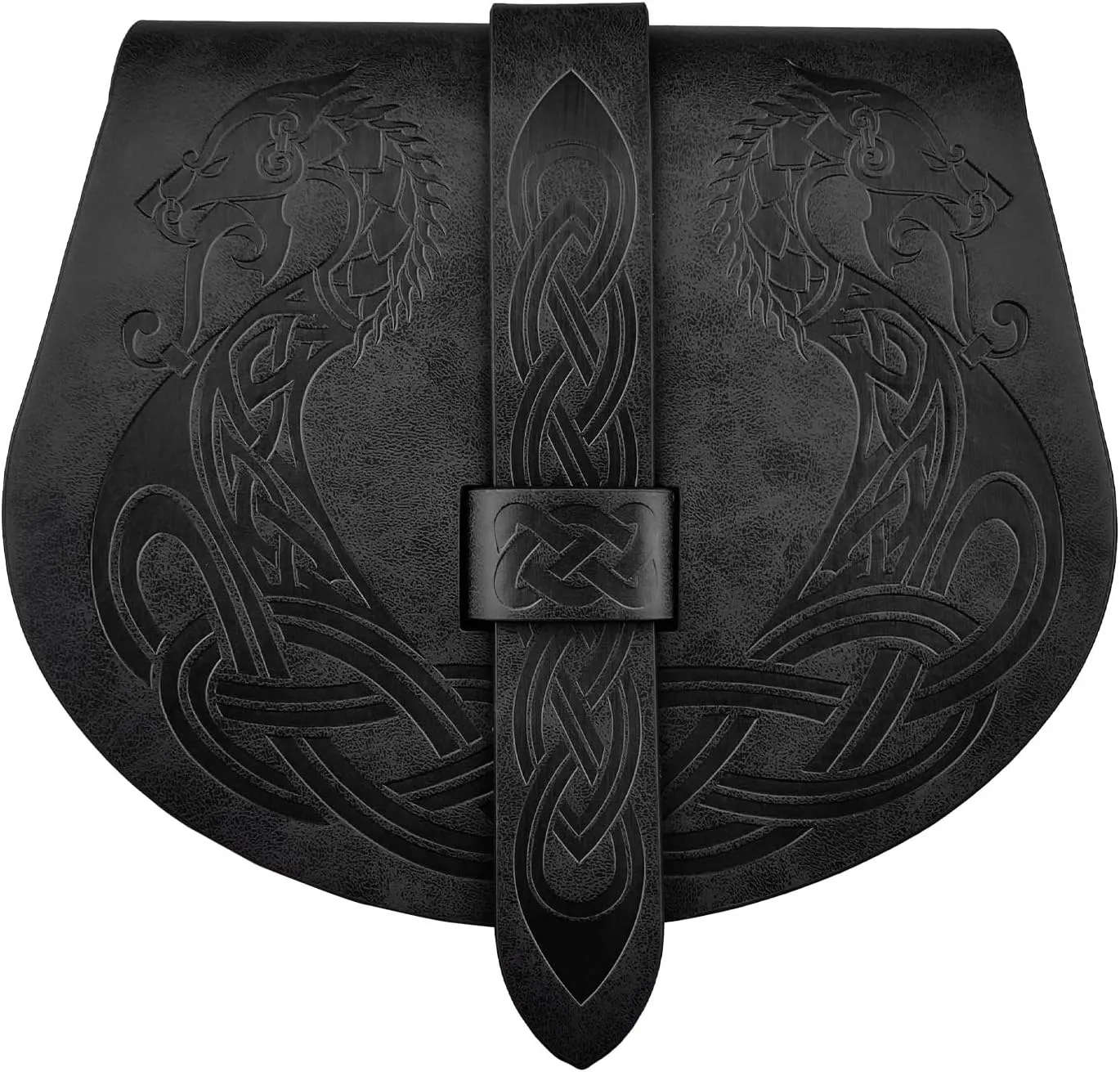 HiiFeuer Viking Embossed Langskip Belt Pouch, Medieval Faux Leather Flap Saddle Side Bag Purses, Retro Portable Belt Bag (Black A)