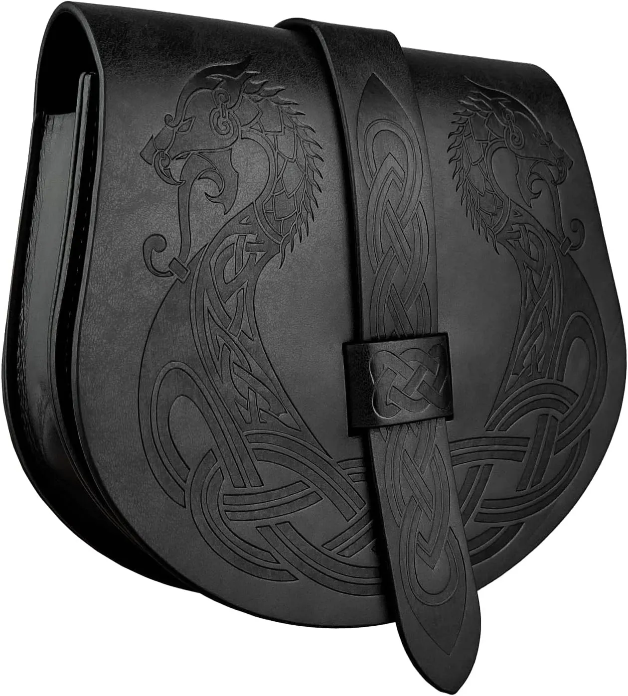 HiiFeuer Viking Embossed Langskip Belt Pouch, Medieval Faux Leather Flap Saddle Side Bag Purses, Retro Portable Belt Bag (Black A)