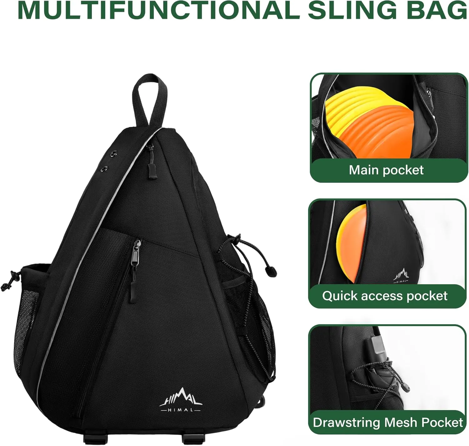Himal Outdoors Disc Golf Sling Bag Holds 10  Discs, Small Disc Golf Bag Multiple Storage with Retriever Holder