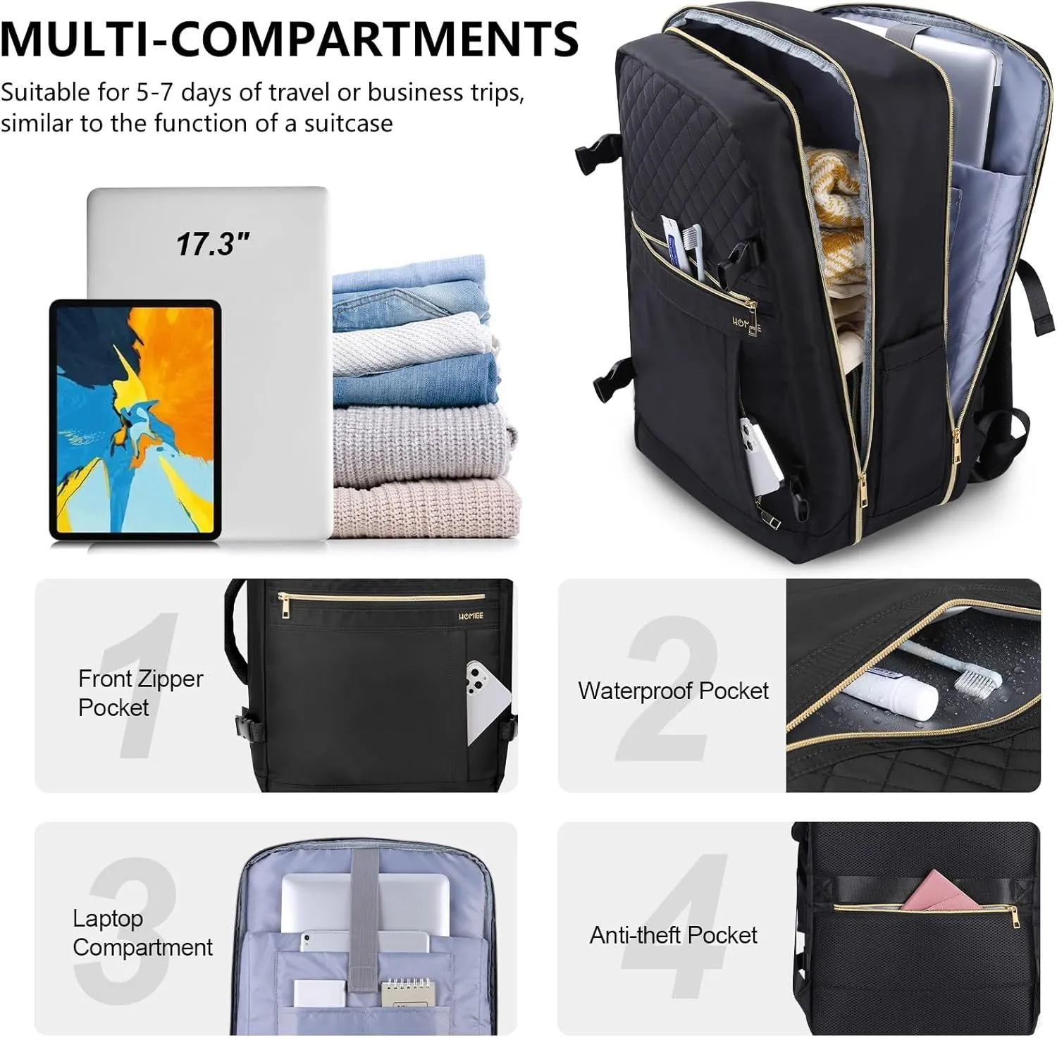 HOMIEE Carry On Luggage 22x14x9 Airline Approved 50L Travel Backpack for Women with 2 Packing Cubes, Black