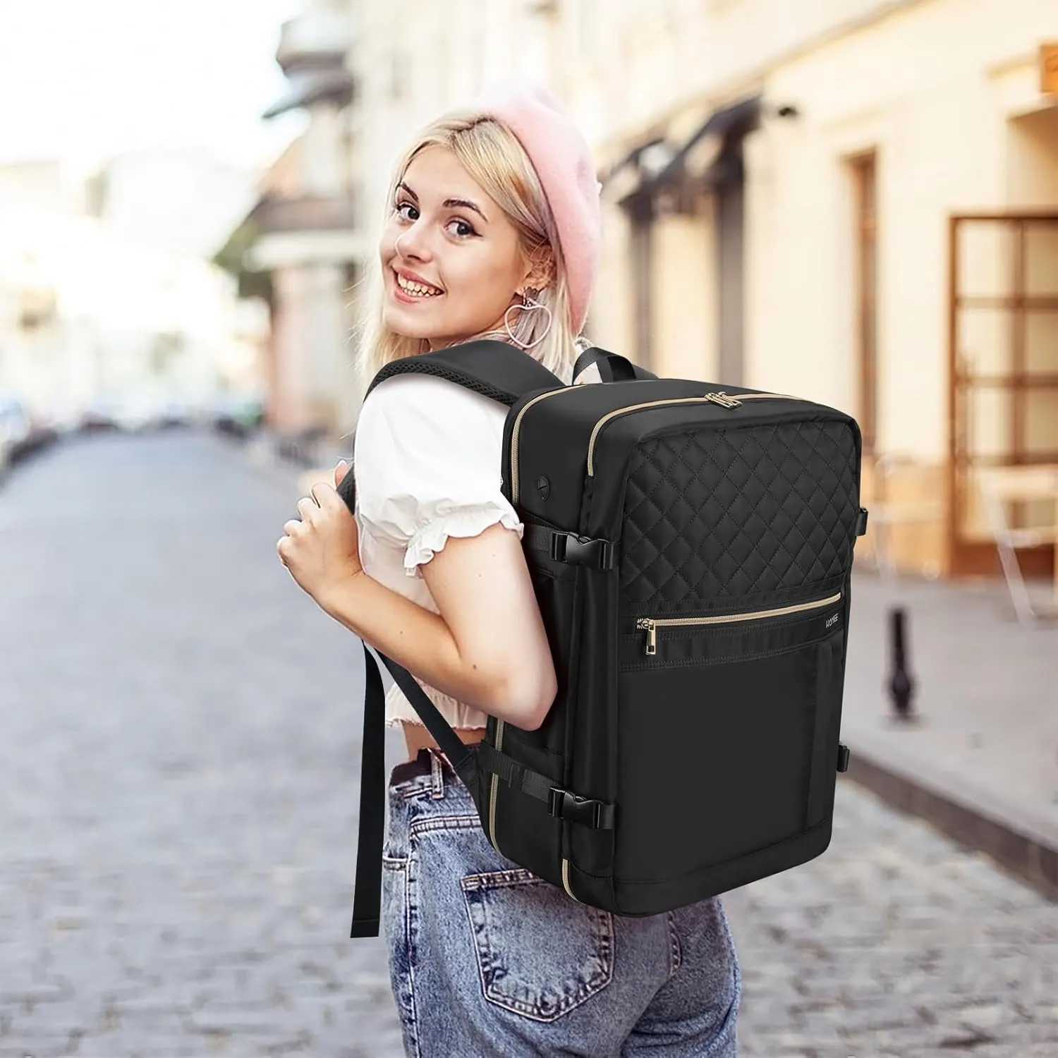 HOMIEE Carry On Luggage 22x14x9 Airline Approved 50L Travel Backpack for Women with 2 Packing Cubes, Black