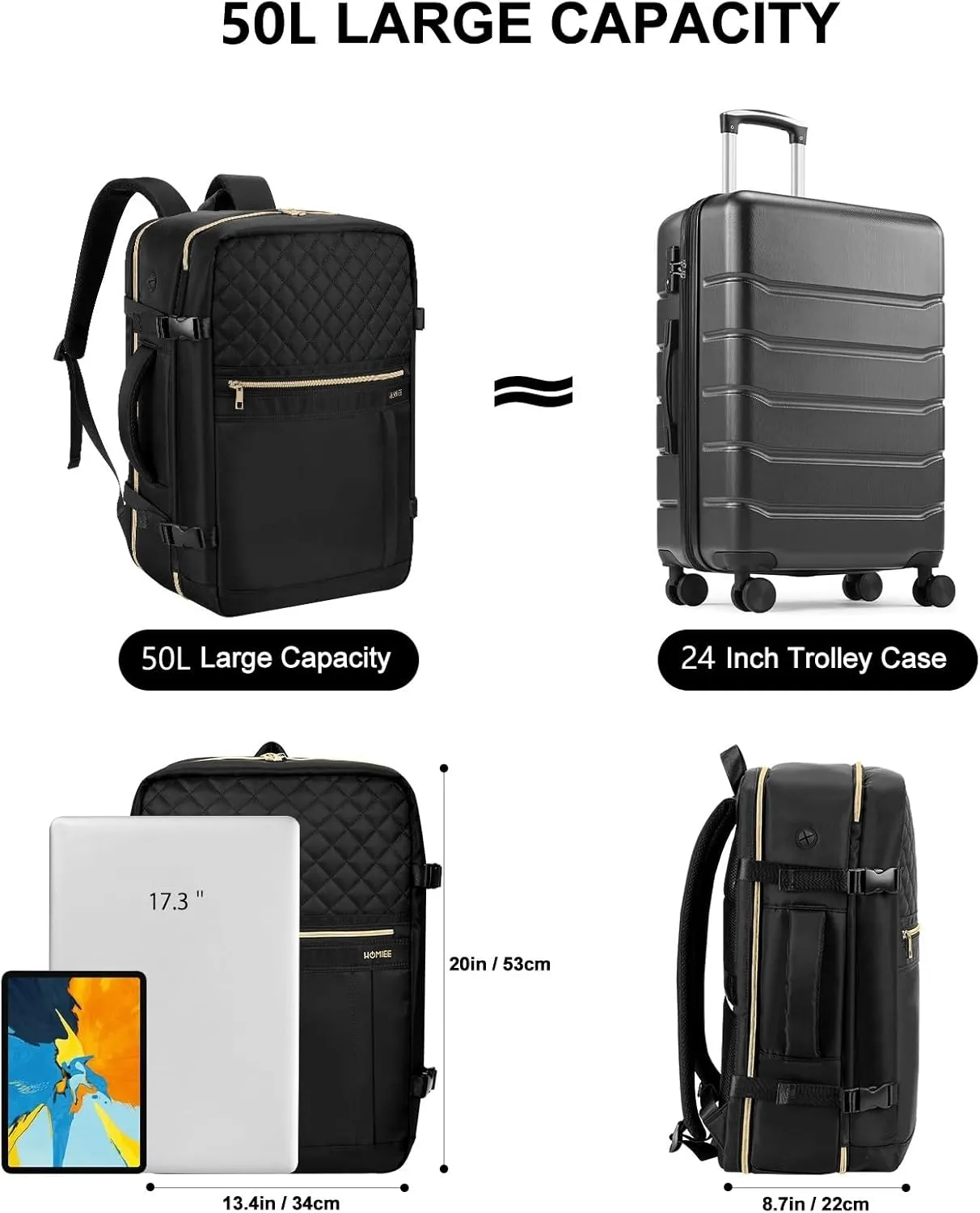 HOMIEE Carry On Luggage 22x14x9 Airline Approved 50L Travel Backpack for Women with 2 Packing Cubes, Black