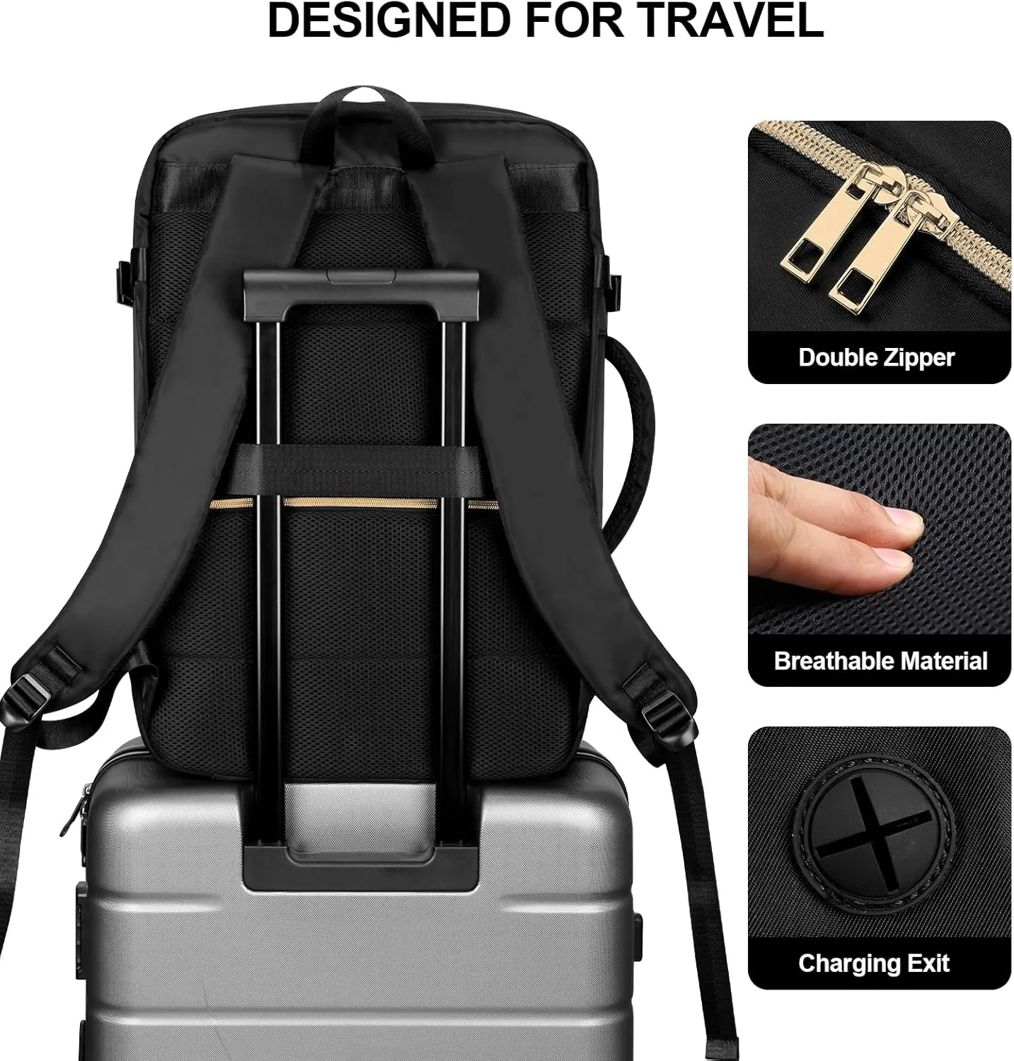 HOMIEE Carry On Luggage 22x14x9 Airline Approved 50L Travel Backpack for Women with 2 Packing Cubes, Black