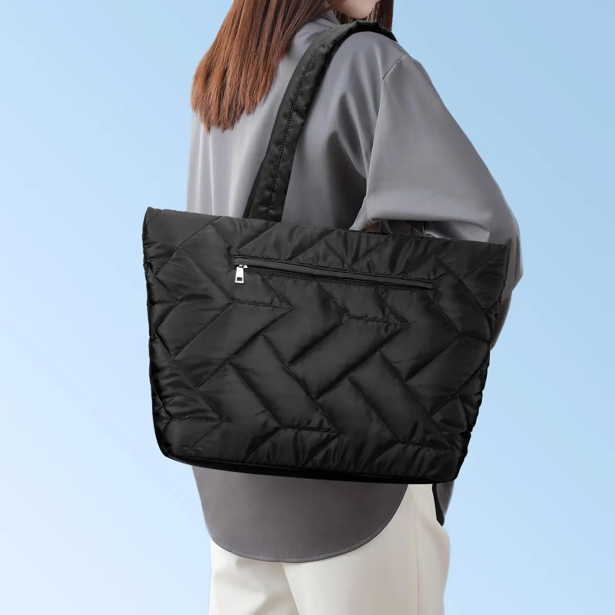 HOMIEE Tote Bag for Women, Lightweight Puffy Tote Bag with Laptop Compartment, Quilted Shoulder Bag Handbag for Travel, Work