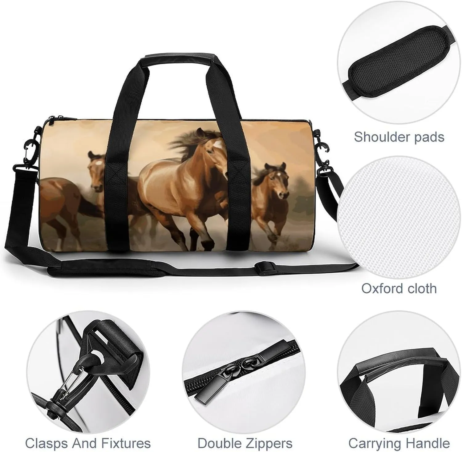 Horses Gym Bag Small Travel Duffle Bag with Compartment Carry On Weekender Bag for Women Men