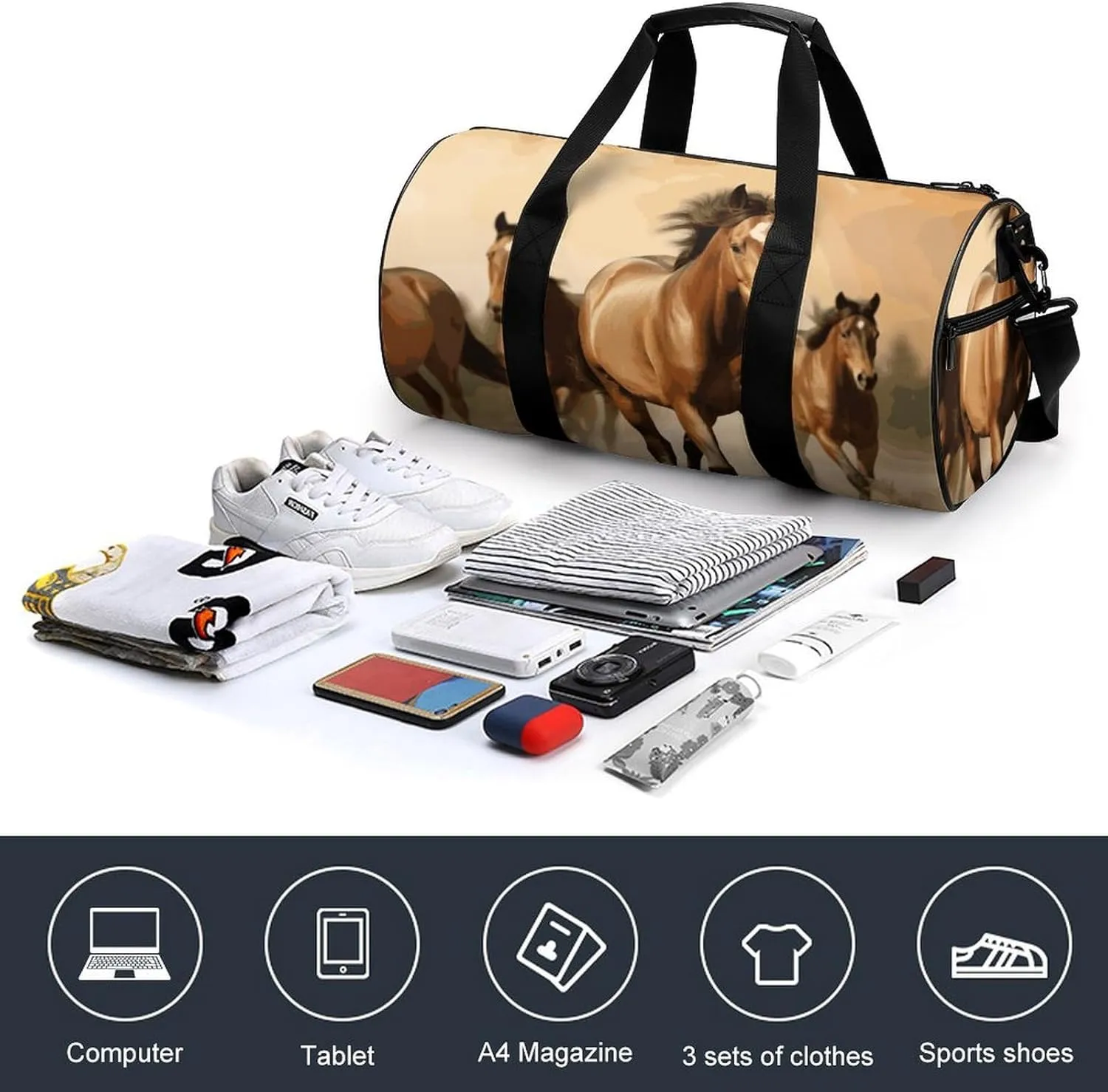 Horses Gym Bag Small Travel Duffle Bag with Compartment Carry On Weekender Bag for Women Men