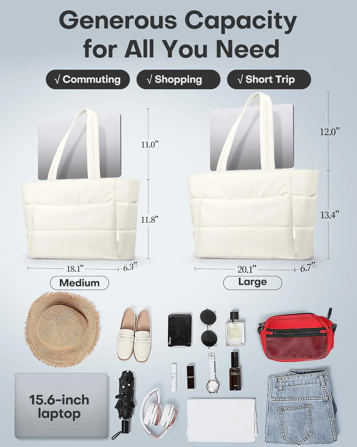 HOTOR Puffer Tote Bag for Women, Nurses - Multi-Pocket Lightweight Bag for Work - Quilted Handbag for Travel and Gym