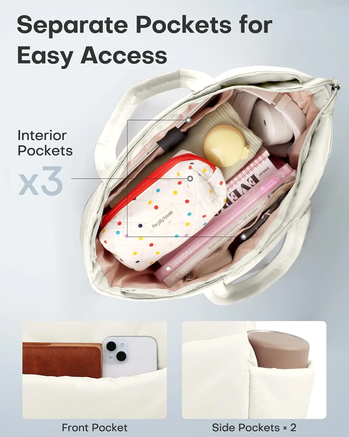 HOTOR Puffer Tote Bag for Women, Nurses - Multi-Pocket Lightweight Bag for Work - Quilted Handbag for Travel and Gym