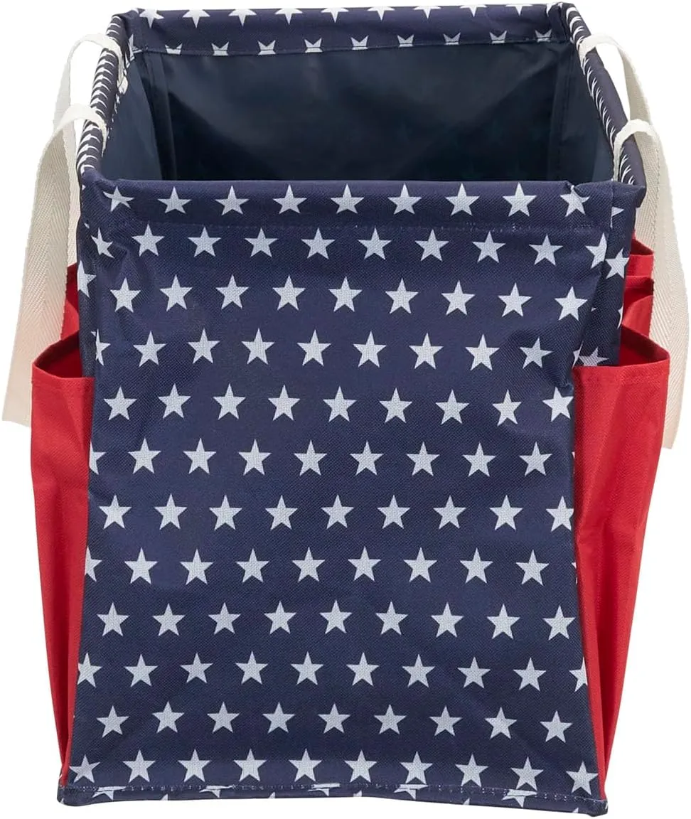 Household Essentials Krush Container All-Purpose Utility Tote, Water-Resistant Vinyl Lining with Pockets, Red, White and Blue