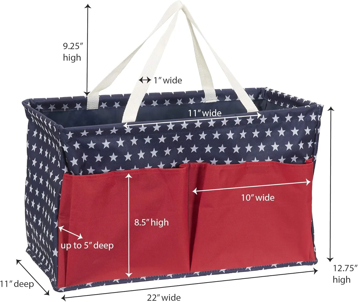 Household Essentials Krush Container All-Purpose Utility Tote, Water-Resistant Vinyl Lining with Pockets, Red, White and Blue