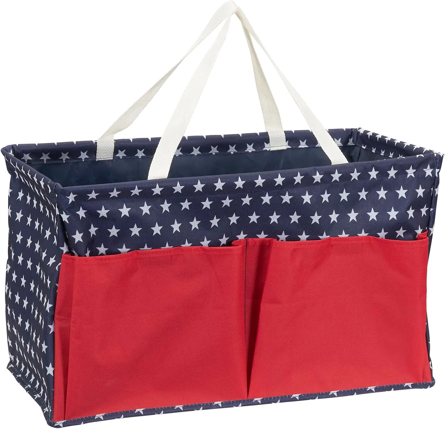 Household Essentials Krush Container All-Purpose Utility Tote, Water-Resistant Vinyl Lining with Pockets, Red, White and Blue