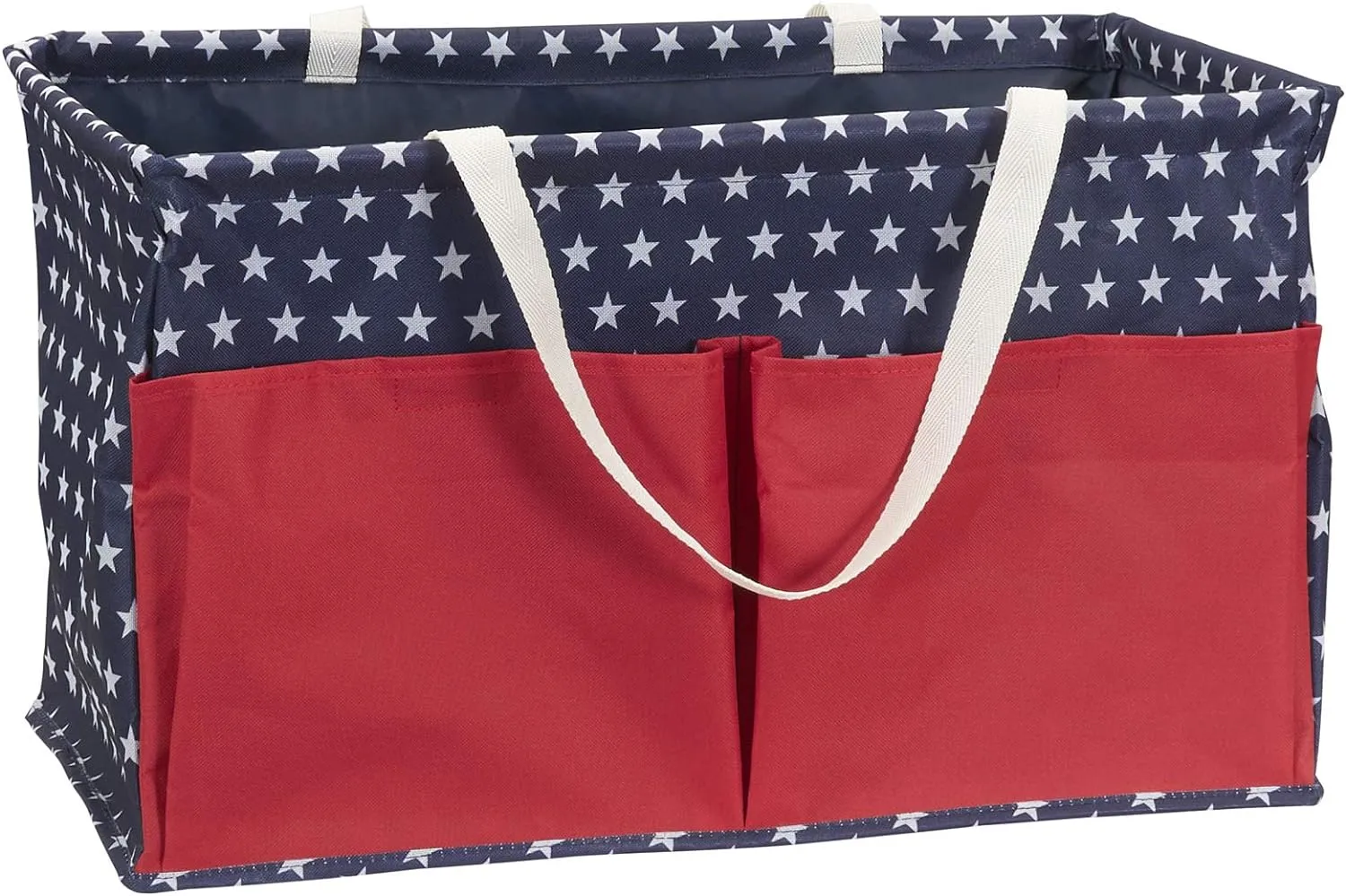 Household Essentials Krush Container All-Purpose Utility Tote, Water-Resistant Vinyl Lining with Pockets, Red, White and Blue