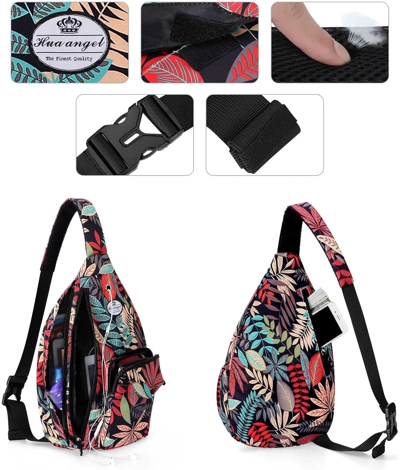 HUA ANGEL Crossbody Sling Bag for Men Women Lightweight Over the Shoulder Purse Day Bag Multipockets for Travel, Hiking, Gym