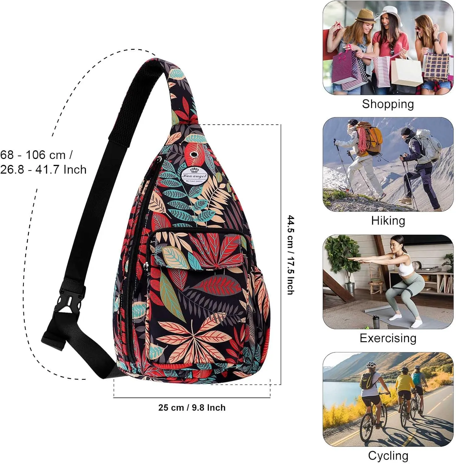 HUA ANGEL Crossbody Sling Bag for Men Women Lightweight Over the Shoulder Purse Day Bag Multipockets for Travel, Hiking, Gym