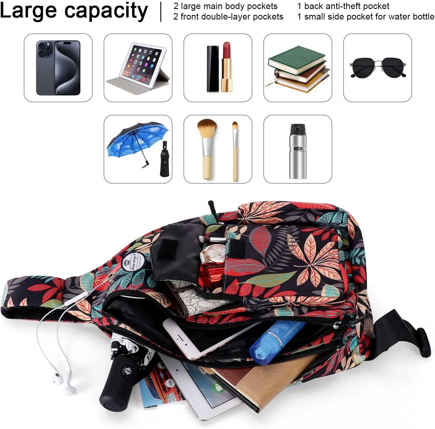 HUA ANGEL Crossbody Sling Bag for Men Women Lightweight Over the Shoulder Purse Day Bag Multipockets for Travel, Hiking, Gym
