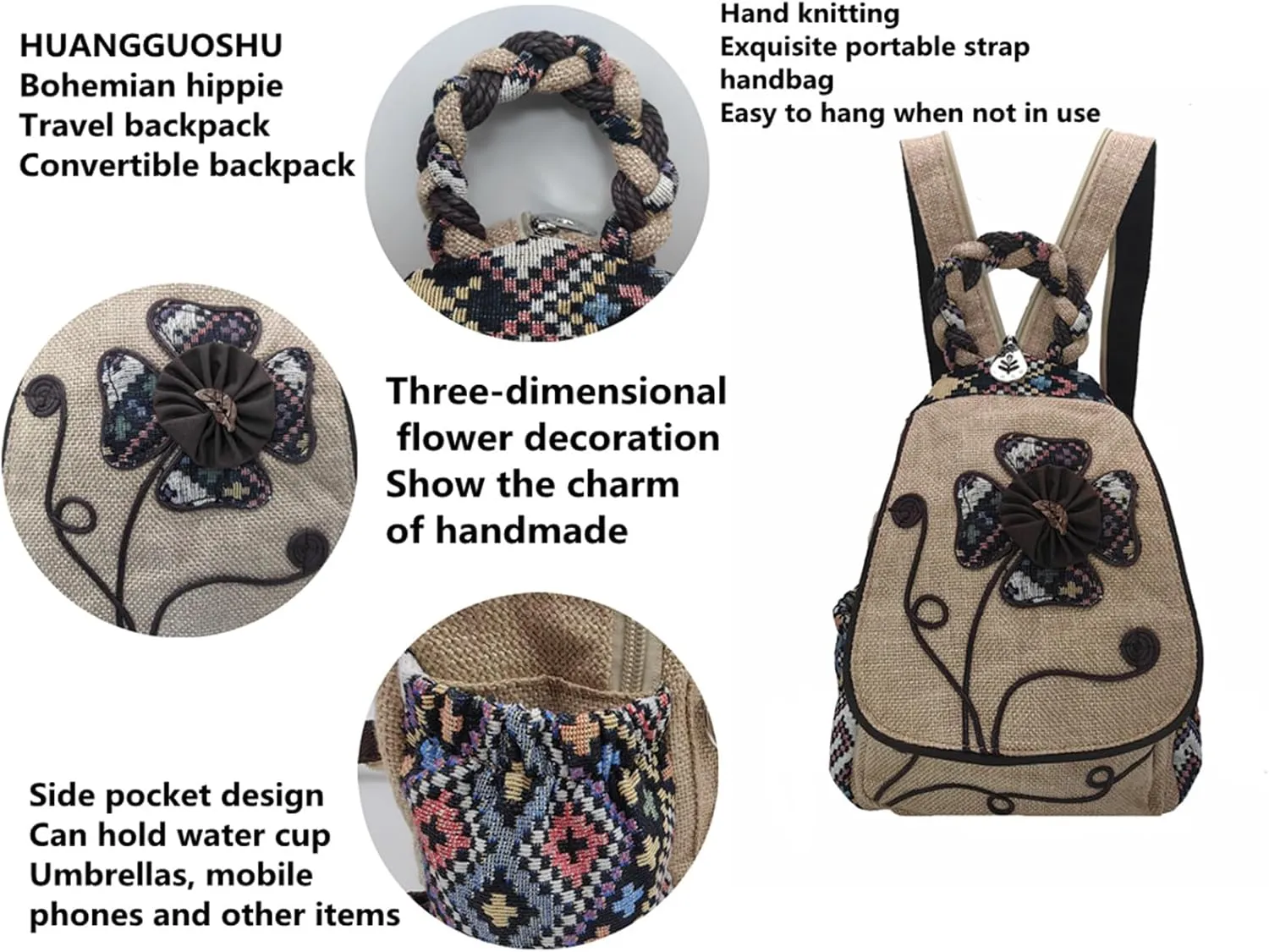HUANGGUOSHU Backpacks For Women Sling Backpack Casual Canvas Convertible For Girl Boho Hand-Woven Exquisite Knitting Backpack With Lots Of Pockets Gift For Young Adult Women