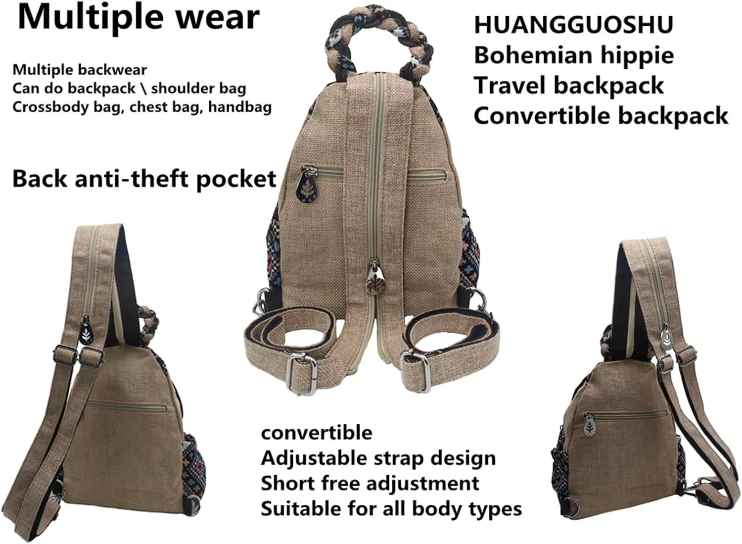 HUANGGUOSHU Backpacks For Women Sling Backpack Casual Canvas Convertible For Girl Boho Hand-Woven Exquisite Knitting Backpack With Lots Of Pockets Gift For Young Adult Women