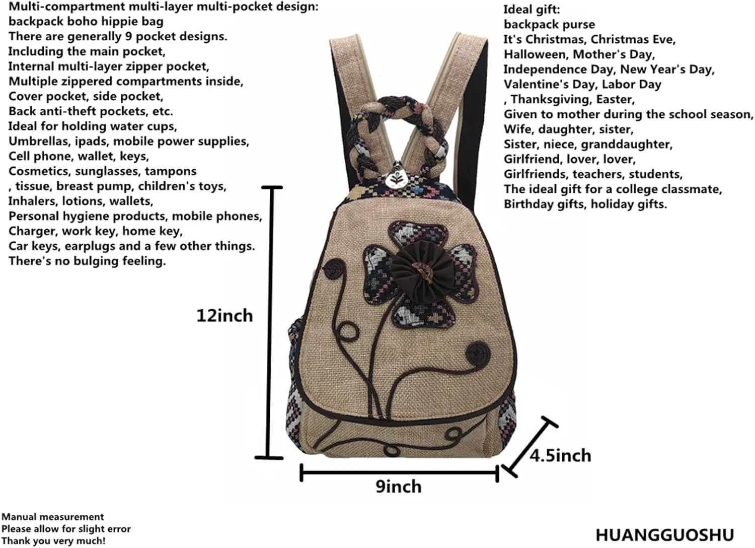 HUANGGUOSHU Backpacks For Women Sling Backpack Casual Canvas Convertible For Girl Boho Hand-Woven Exquisite Knitting Backpack With Lots Of Pockets Gift For Young Adult Women