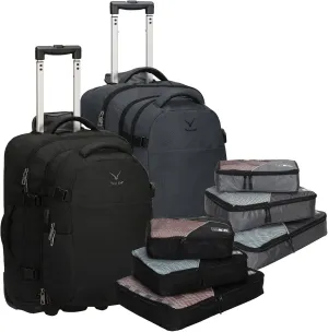 Hynes Eagle 2 in 1 Travel Backpack 22 inches Carry on Luggage 63L Rolling Wheeled Backpack with Packing Cubes 3PCS Set Black with Grey