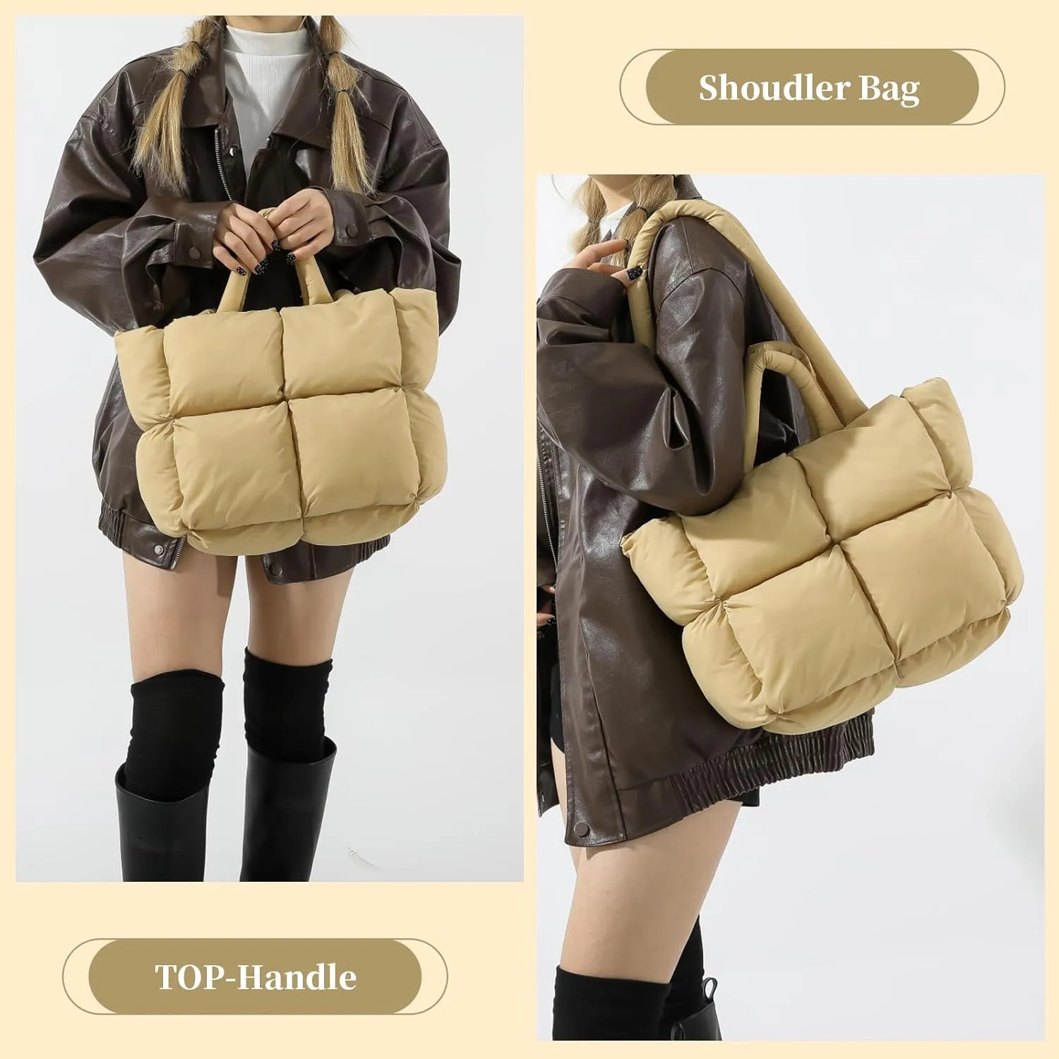 I IHAYNER Puffer Tote Bag for Women Large Quilted Puffy Handbag Lightweight Satchel Purse for Work Travel Padded Shoulder Bag