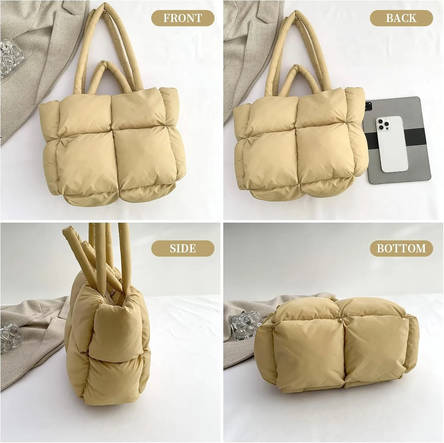 I IHAYNER Puffer Tote Bag for Women Large Quilted Puffy Handbag Lightweight Satchel Purse for Work Travel Padded Shoulder Bag
