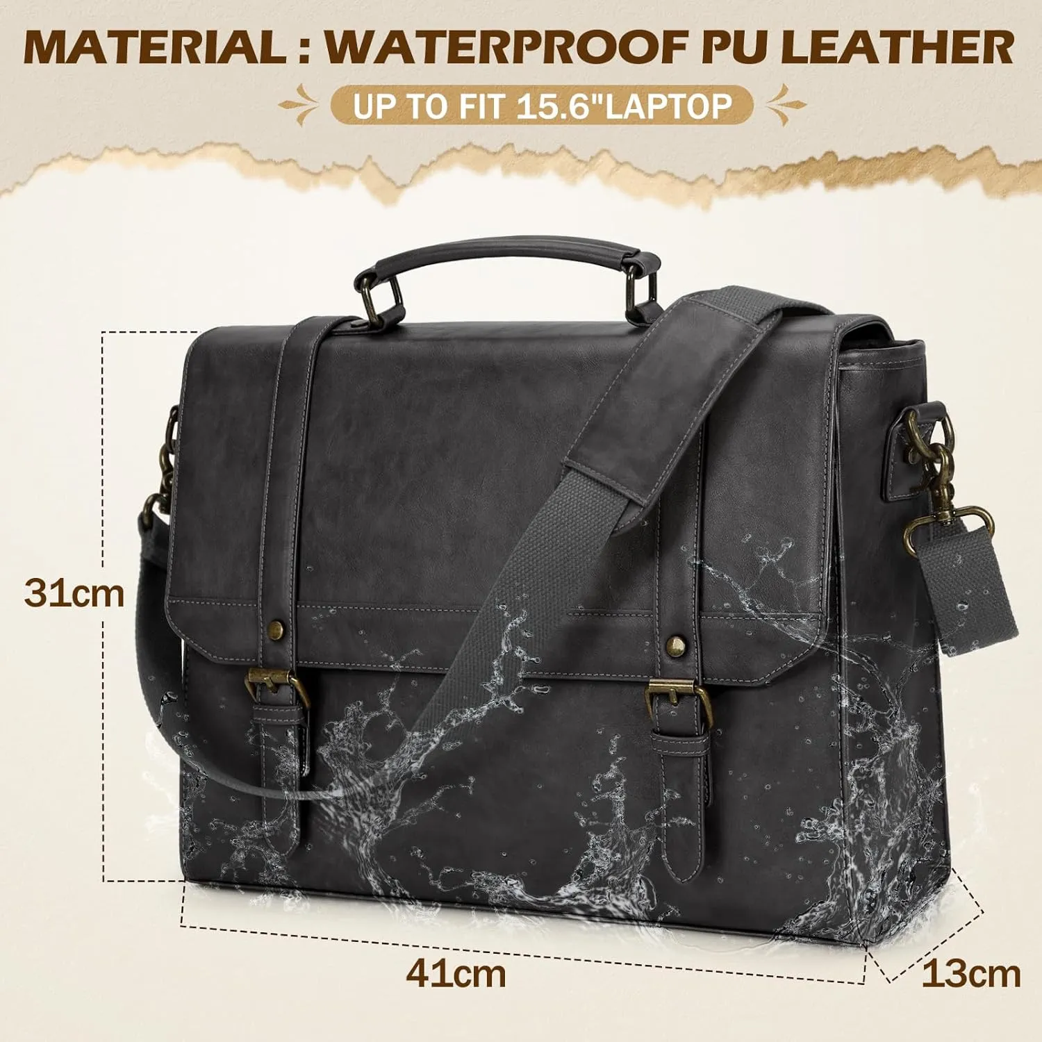 IGOLUMON Messenger Bag for Men 15.6 inch Vintage Leather Waterproof Laptop Briefcase Large Computer Laptop Bag Leather Satchel Bag Retro Shoulder Bag, Grey