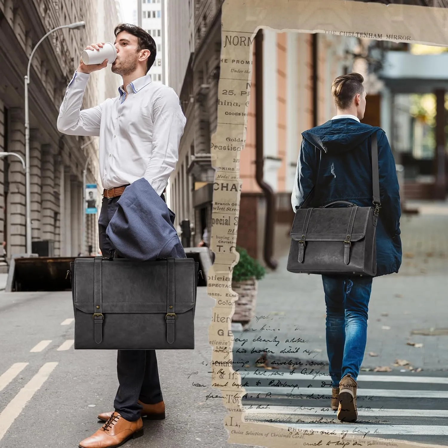 IGOLUMON Messenger Bag for Men 15.6 inch Vintage Leather Waterproof Laptop Briefcase Large Computer Laptop Bag Leather Satchel Bag Retro Shoulder Bag, Grey