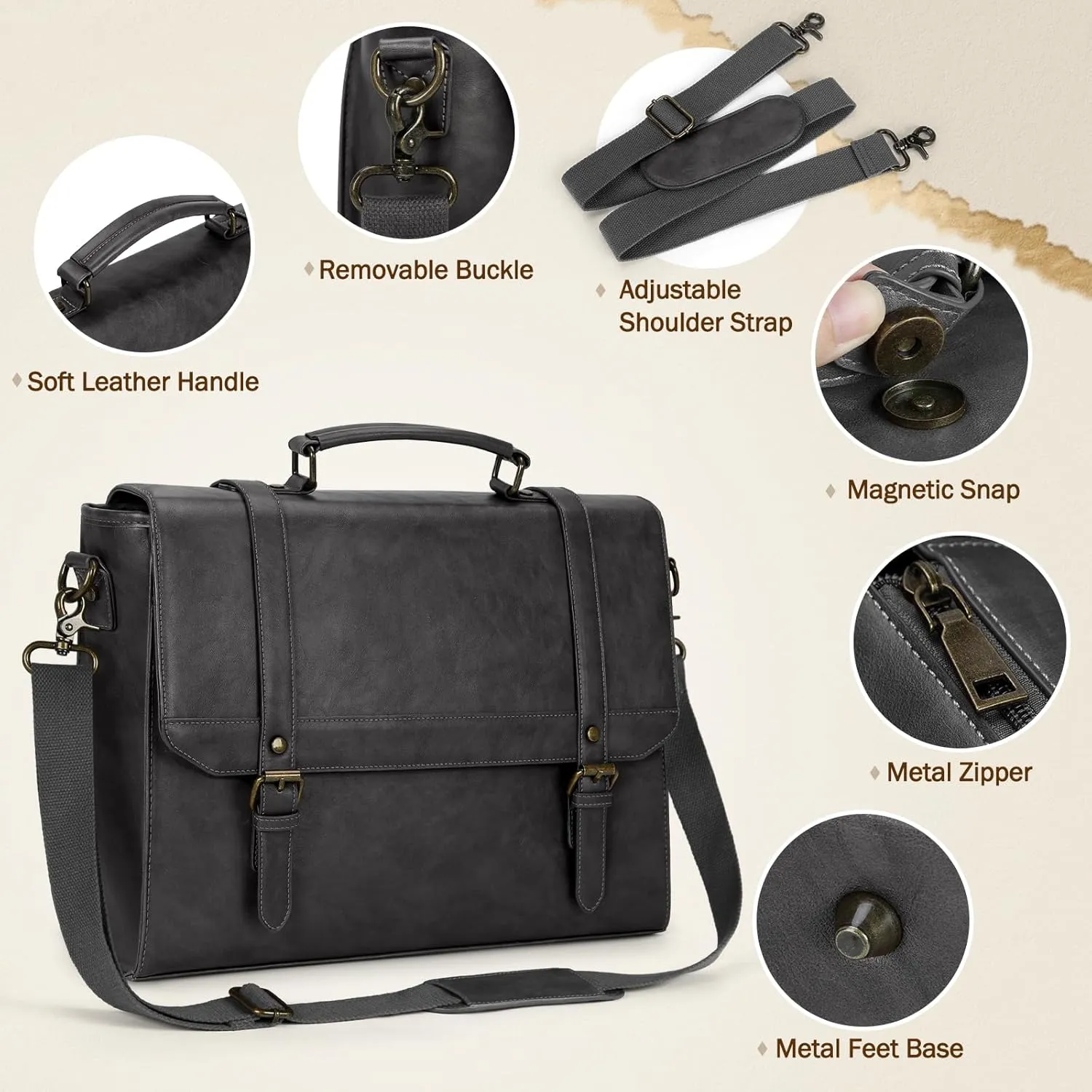 IGOLUMON Messenger Bag for Men 15.6 inch Vintage Leather Waterproof Laptop Briefcase Large Computer Laptop Bag Leather Satchel Bag Retro Shoulder Bag, Grey