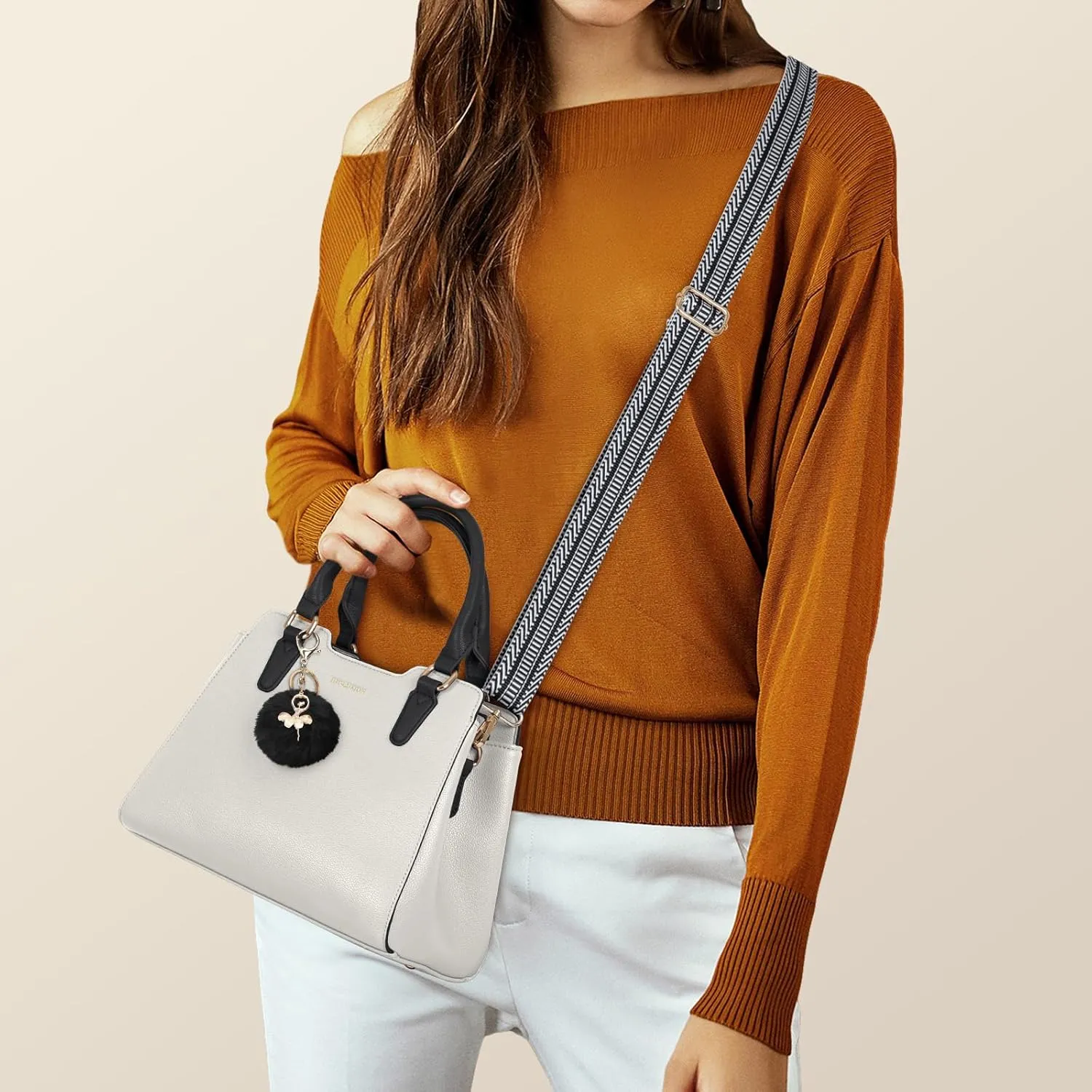 IGOLUMON Women's Top-Handle Handbags PU Vegan Leather Satchel Purses for Women Designer Tote Purse Handbag with Cute Pompom