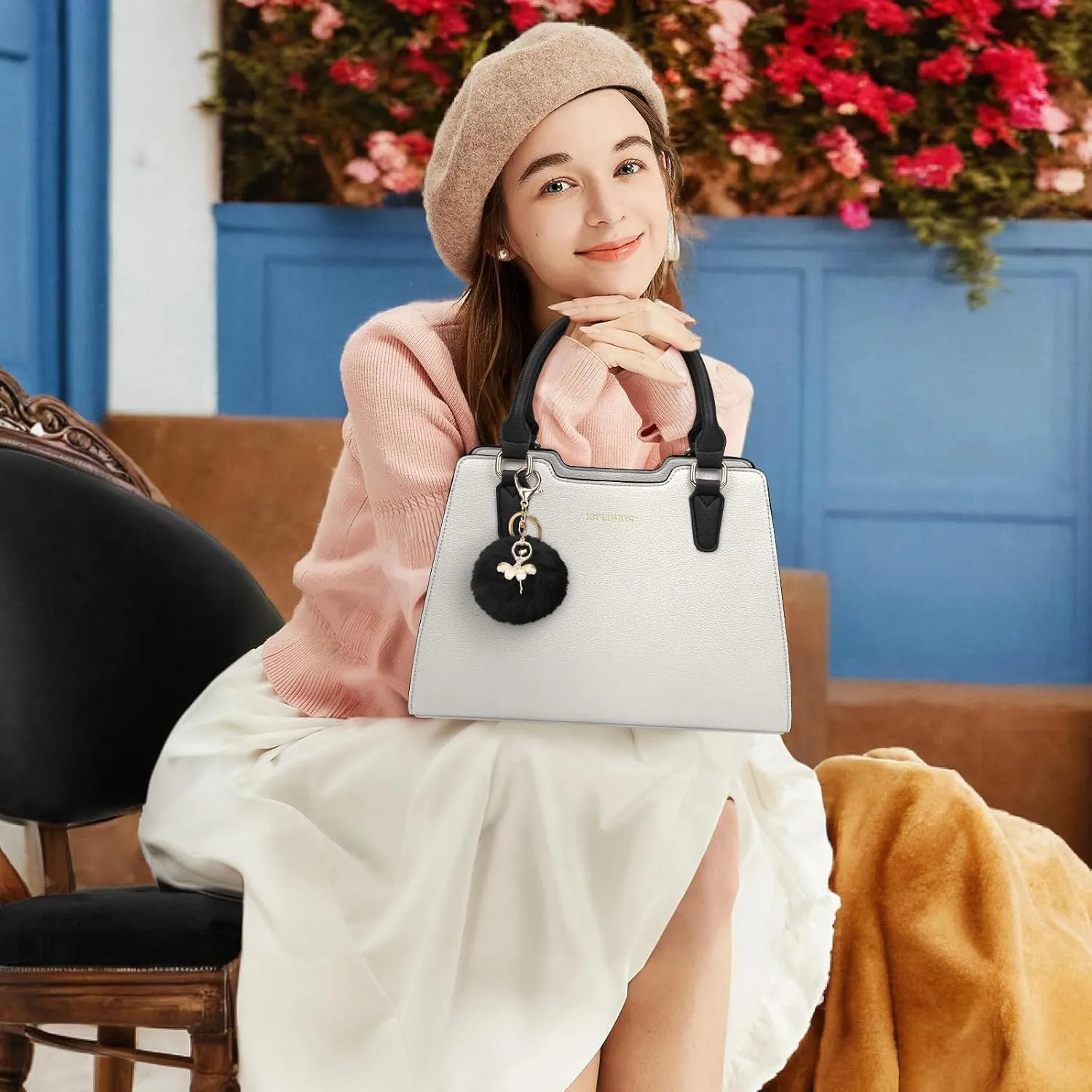 IGOLUMON Women's Top-Handle Handbags PU Vegan Leather Satchel Purses for Women Designer Tote Purse Handbag with Cute Pompom