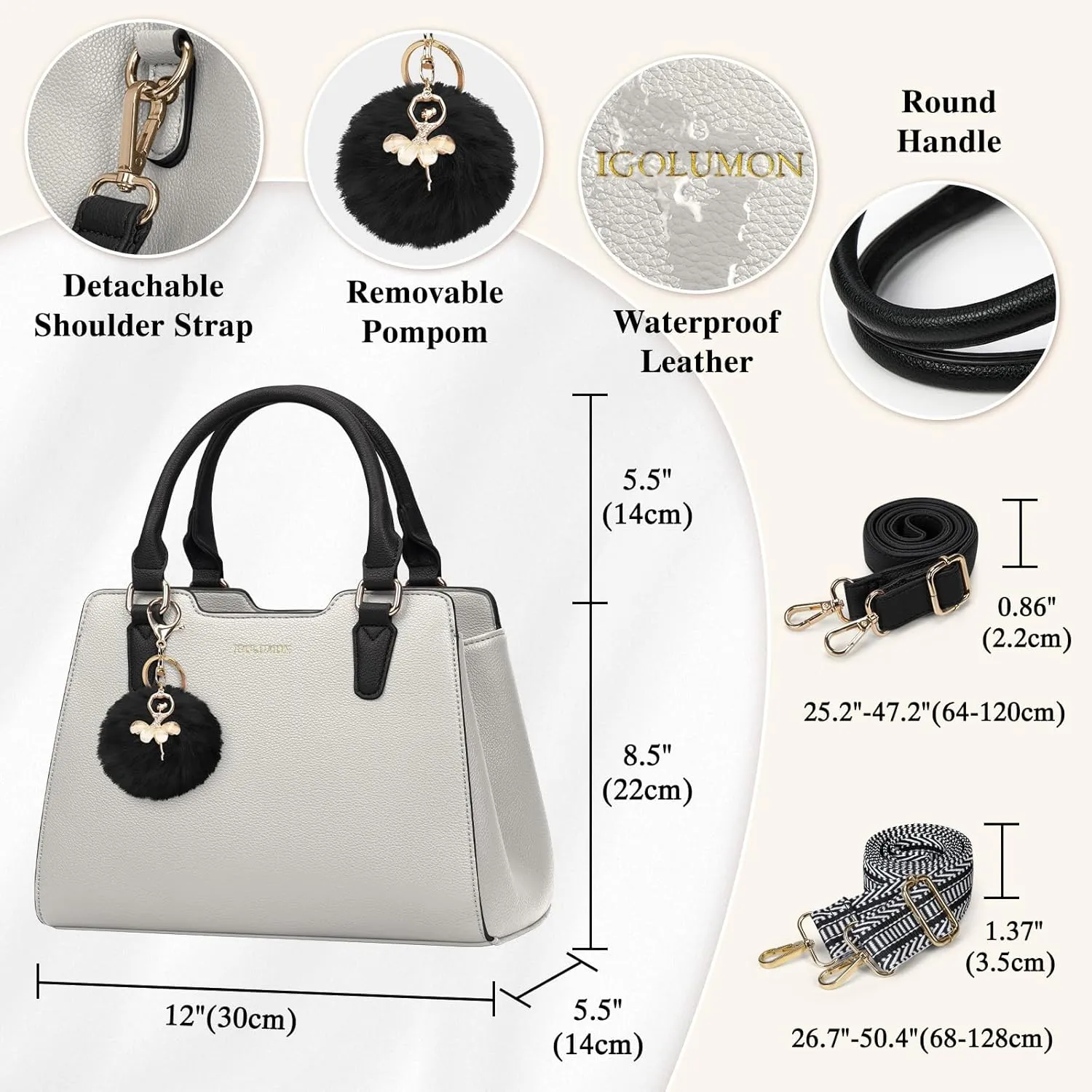 IGOLUMON Women's Top-Handle Handbags PU Vegan Leather Satchel Purses for Women Designer Tote Purse Handbag with Cute Pompom